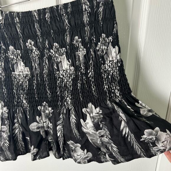 All Saints Linen Floral Black Gray Smocked Ruffle Riah Mia Pull On Mini Skirt 2 - Picture 3 of 8